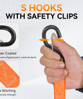S Hooks with Safety Clips for Heavy Duty Ratchet Tie Down Straps 1500 Lb Break Strength, showing rubber coating and extra stitching.