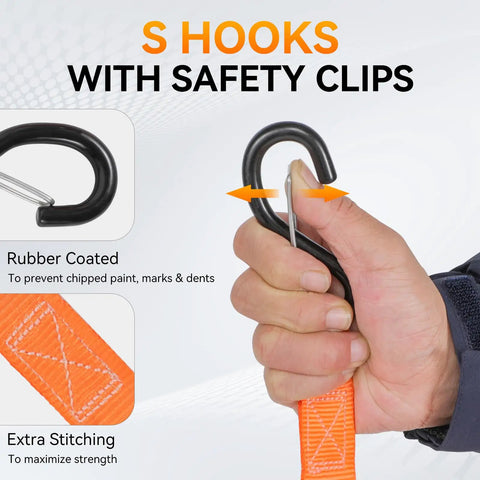 S Hooks with Safety Clips for Heavy Duty Ratchet Tie Down Straps 1500 Lb Break Strength, showing rubber coating and extra stitching.