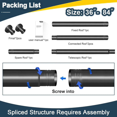 Assembly components for Adjustable Spring Tension Shower Curtain Rod 36 To 84 Inches No Drilling Rustproof With Non Slip Ends
