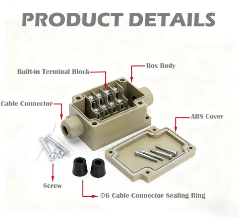 IP68 Waterproof Outdoor Junction Box 3 Way Splice Enclosure with internal terminal block, cable connector, and ABS cover.