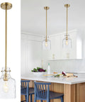 Straight Kitchen Glow Up With This Killer 7 Inch Hammered Glass Pendant Light Featuring Adjustable Height Hanging Design And Smooth Gold Metal Base Perfect For Modern Dining Island Sink Or Farmhouse Vibes over a kitchen island.