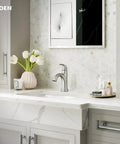 Wellton No-Fuss One-Handle Bathroom Faucet In Spot Resist Brushed Nickel installed in modern bathroom on marble vanity