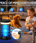 Child with teddy bear, dog, cat, and Outdoor Bug Zapper Sun Powered Mosquito Killer Cordless Rechargeable Battery IP66 Waterproof Long Runtime Portable Fly Zapper For Garden Camping Travel And Home Say Goodbye To Swatting on carpet.