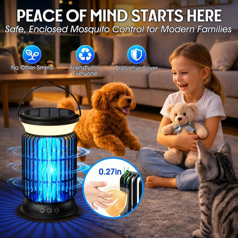 Child with teddy bear, dog, cat, and Outdoor Bug Zapper Sun Powered Mosquito Killer Cordless Rechargeable Battery IP66 Waterproof Long Runtime Portable Fly Zapper For Garden Camping Travel And Home Say Goodbye To Swatting on carpet.