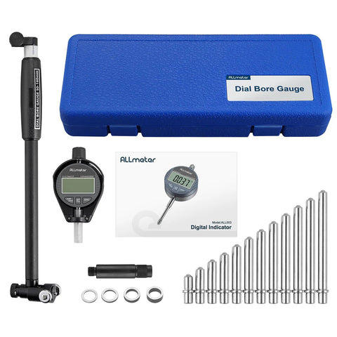 ALLmeter Dial Bore Gauge Kit 50-160mm with digital indicator, blue case, and 12 interchangeable probes.