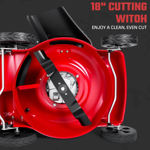 131cc Gas Powered Self Propelled Lawn Mower With Foldable Design Easy Start 3 In 1 Gas Push Mower For Yard And Garden Beast Mode 50L Grass Catcher Rear Wheel Drive Red underside view, 18-inch cutting deck