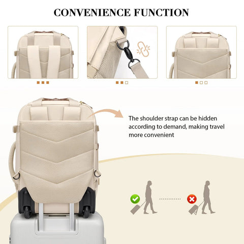 Apricot rolling backpack with wheels; hidden shoulder straps, 17-inch laptop compatible travel bag