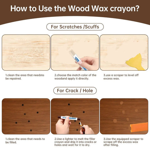 Guide showing how to use Color Matching Wood Filler Sticks Kit With 30 Assorted Wax Crayons And 2 Scrapers on scratches and holes.