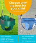 Comparison of outdoor baby swing for toddlers with high back bucket seat and heavy duty coated chains, green vs blue.