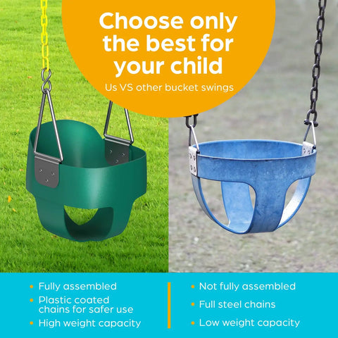 Comparison of outdoor baby swing for toddlers with high back bucket seat and heavy duty coated chains, green vs blue.
