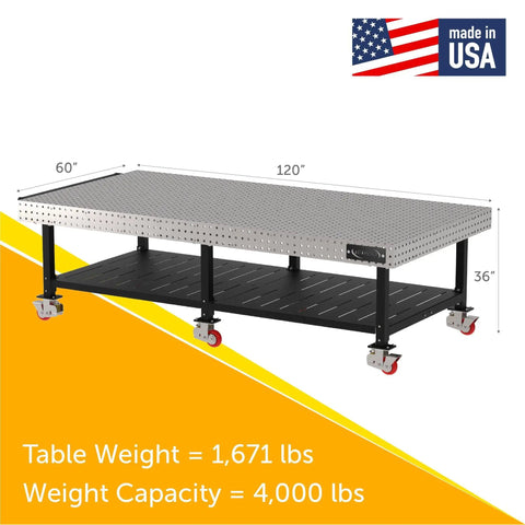 Heavy Duty Welding Fixture Table With 120X60 Inch Precision Laser Cut Grid And Raised Storage Shelf Rock Solid Shop Workhorse, 120x60 inch.