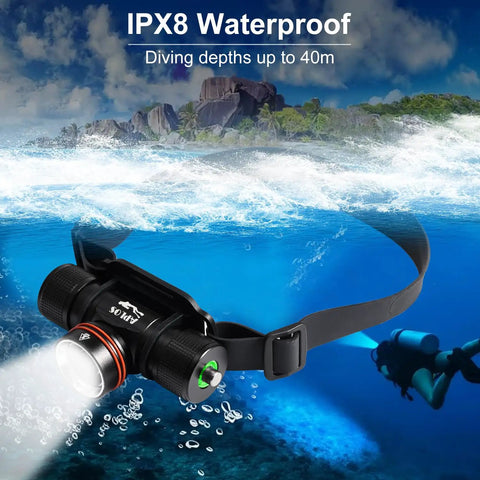 H800 3500 Lumen Scuba Diving Headlamp With TIR Lens, Beastly Bright Underwater Headlight, IPX68 Waterproof, diver descending underwater