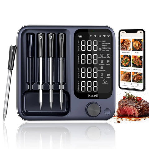 Smart Wireless Meat Thermometer With WiFi And Bluetooth For Smoker Oven And Grill, four probes, large backlit screen