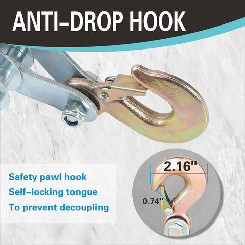 Anti-drop hook close-up, part of Heavy Duty Rope Hoist Kit With 4000 Lb Breaking Strength, 65 Ft Poly Rope, 2 Sling Straps