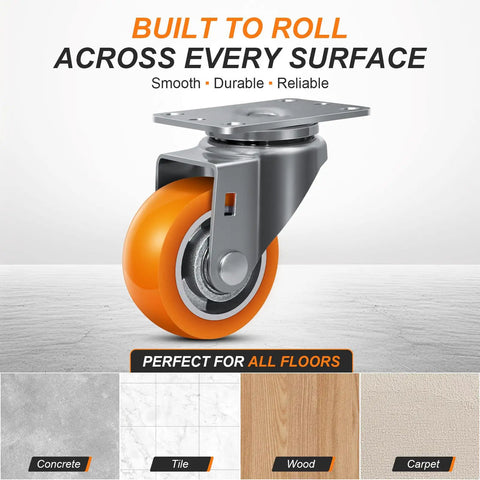 3 Inch Heavy Duty Swivel Caster Wheels Set Of Four Non Marking Polyurethane Treads On Aluminum Hubs shown rolling on various surfaces.