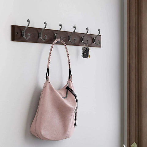 Wall Mounted Coat Rack With Six Decorative Hooks 27 Inch Length Soft Iron Cocoa Finish Space Saving Hang Rack For Hallways Or Entryway Holds Up To 35 Lbs When Mounted Into Solid Wood Or Studs Perfect For Coats Hats Bags