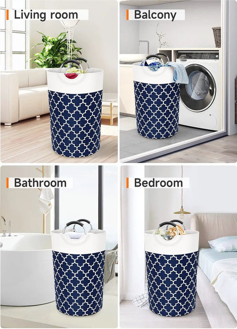 Gigantic 115L Collapsible Laundry Basket With Tall Aluminum Soft Grip Handles Waterproof Hamper Bag in various home settings