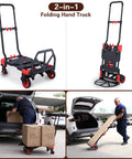 Heavy Duty 2-In-1 Folding Hand Truck And Utility Dolly Cart With 5-Inch Dual Rubber Wheels in action loading boxes into a car.