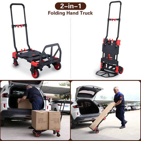 Heavy Duty 2-In-1 Folding Hand Truck And Utility Dolly Cart With 5-Inch Dual Rubber Wheels in action loading boxes into a car.