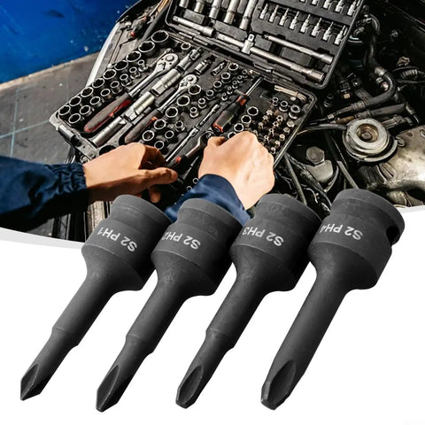 Top Tier 4 Piece Socket Adapter Kit Featuring Ph1 Ph2 Ph3 And Ph4 Cross Bit Heads Designed For 3/8 Drive Electric Wrenches With Forged Chrome Steel Durability Perfect For Gnarly Auto And Home Repair Jobs That Need Serious Torque, 4 PH socket adapters