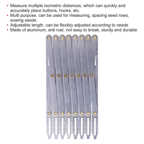 Aluminum Expanding Sewing Gauge With Button Guide And Equal Space Divider For Quilting Adjustable Ruler Set With 8 Connected Measuring Segments shown extended