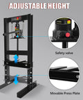Beefy 6 Ton Hydraulic Shop Press With H-Frame And Adjustable Height, showcasing safety valve and movable press plates