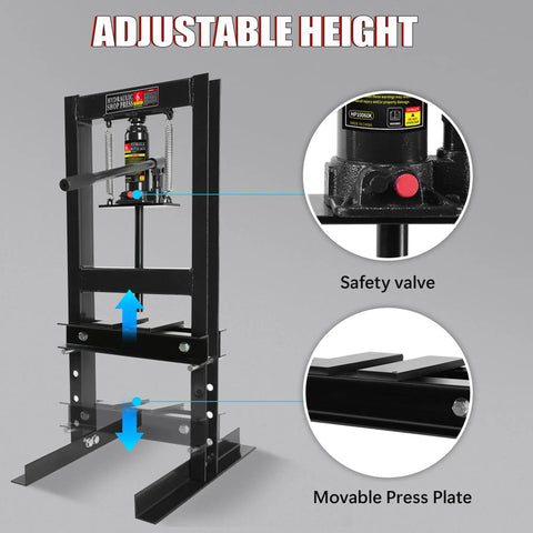 Beefy 6 Ton Hydraulic Shop Press With H-Frame And Adjustable Height, showcasing safety valve and movable press plates