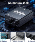 Two Channel 3.5mm Stereo Audio Mixer with Dual Volume Knobs Aluminum Shell 2 in 1 Out, shown on electronic circuit background