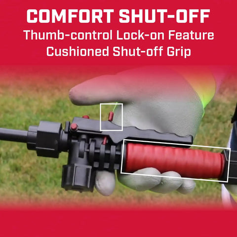 Comfort shut-off handle close-up on Made In The USA 15-Gallon Tow-Behind Sprayer For ATV UTV And Lawn Care with cushioned grip.