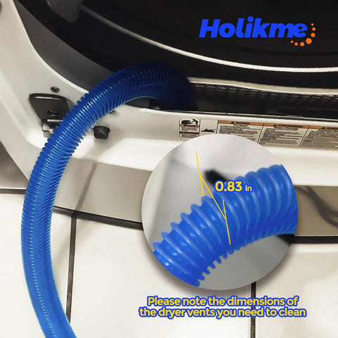 Two Piece Dryer Vent Cleaner Kit With Lint Vacuum Attachment And Flexible Dryer Lint Brush in use for vent cleaning in dark blue