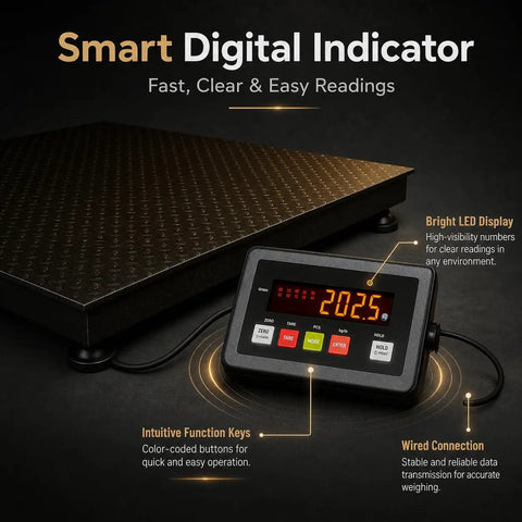 Heavy Duty Rock Hard Commercial Pallet Scale Featuring 48 Inch Square Floor Platform With 10000 Lb Load Rating Built Like A Tank For Serious Warehouse Shipping Work, showing digital gauge and textured platform.