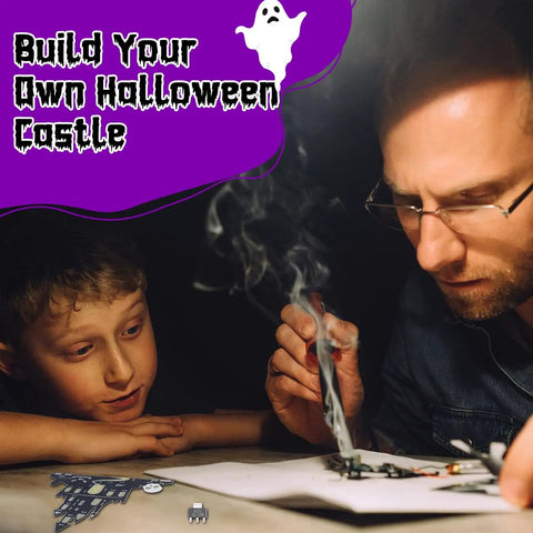 Man and boy assembling Halloween Music Castle Soldering Kit For Teens And Adults With Dual Lighting Modes And Spooky Sound