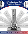 Top Tier Marine Grade 316 Stainless Steel Flagpole Holder With Rock Solid Heavy Duty Adjustable Outdoor Wall Bracket For Houses showing 180 degree adjustable multi positions bracket.