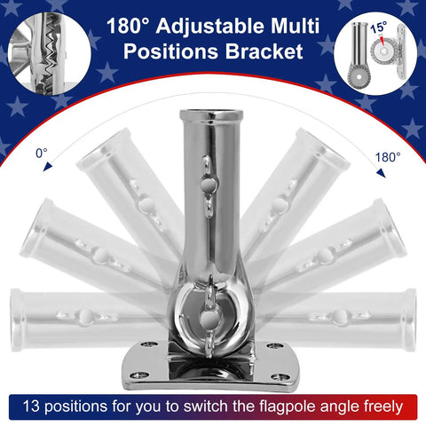 Top Tier Marine Grade 316 Stainless Steel Flagpole Holder With Rock Solid Heavy Duty Adjustable Outdoor Wall Bracket For Houses showing 180 degree adjustable multi positions bracket.