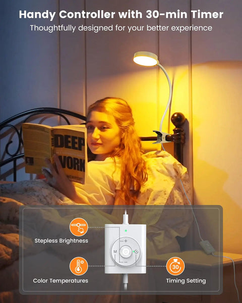 Clip On LED Reading Light For Bed With 36 LEDs, Eye Caring Bed Lamp For Headboard with timer showing color and brightness settings
