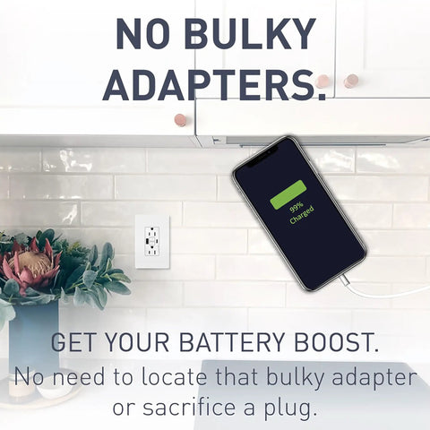 Radiant 15 Amp GFCI Self Test Tamper Resistant Decorator Duplex Outlet with USB Type A and C White Finish shown in kitchen