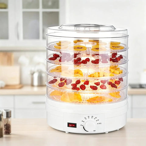 Heavy Duty Electric Food Dehydrator With Five Clear Trays And Adjustable Heat Zones For Zero Fuss Drying Of Fruit Meat Jerky And Custom Pet Treats Perfect For Family Dinners And Weekend Meal Prep with fruits on trays.