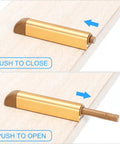 Push To Open Door Latch Set Aluminum Alloy Magnetic Latches for hidden doors, gold finish, demonstrating open and closed positions