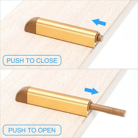 Push To Open Door Latch Set Aluminum Alloy Magnetic Latches for hidden doors, gold finish, demonstrating open and closed positions