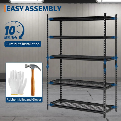 Commercial Grade Five Tier Steel Shelving Unit With Fully Adjustable Heights, featuring easy 10-minute assembly and included tools.