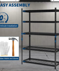 Five Tier Heavy Duty Adjustable Metal Garage Storage Shelves Black Steel Rack With Massive 2200 Pound Load Rating Featuring Badass Durability For Shop Tools And Hardware showing easy assembly with tools.