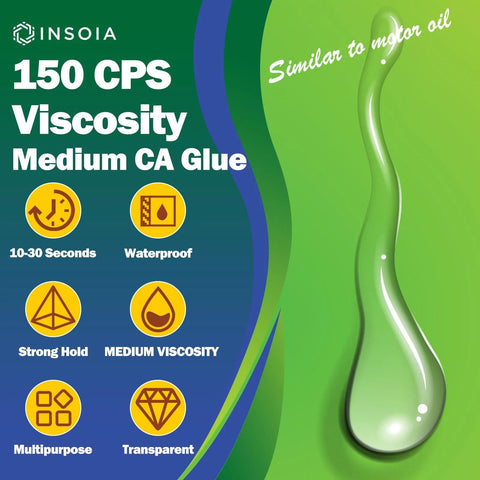 Front view of INSOIA 150 CPS Medium CA Glue packaging with waterproof, strong hold, multipurpose icons
