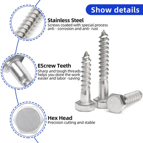 Quarter Inch By One And A Half Inch Hex Head Lag Screws In 304 Stainless Steel For Wood Construction Pack Of Twenty Heavy Duty Hex Lag Screws Corrosion Resistant For Outdoor Use And Heavy Duty Construction Projects, showing screw details like hex head and stainless steel finish.