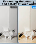 Self Adhesive Clear Wall Corner Protectors Built Tough For Daily Use shown before and after installation by a corner with a cat.