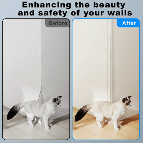 Self Adhesive Clear Wall Corner Protectors Built Tough For Daily Use shown before and after installation by a corner with a cat.