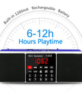 All In One Digital FM Radio Speaker MP3 Player with LED display and control panel, showcasing battery and playtime features.