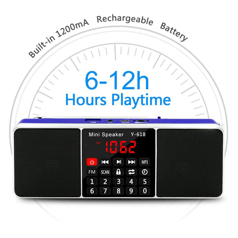 All In One Digital FM Radio Speaker MP3 Player with LED display and control panel, showcasing battery and playtime features.