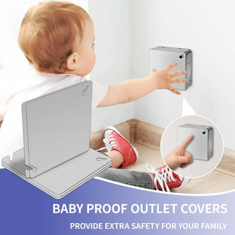 Child reaching for baby-proof outlet cover, showcasing safety features