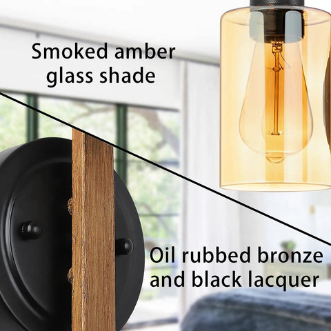 Close-up of amber glass shade and wall mount of Amber Glass Plug In Wall Sconces Set Of 2 With Touch Dimmer Switch Dimmable Farmhouse Lighting