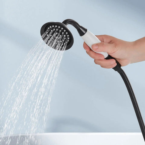 Hand holding telephone handheld sprayer of Wall Mount Bathtub Faucet With Telephone Handheld Sprayer, Dual Hot And Cold Mixer